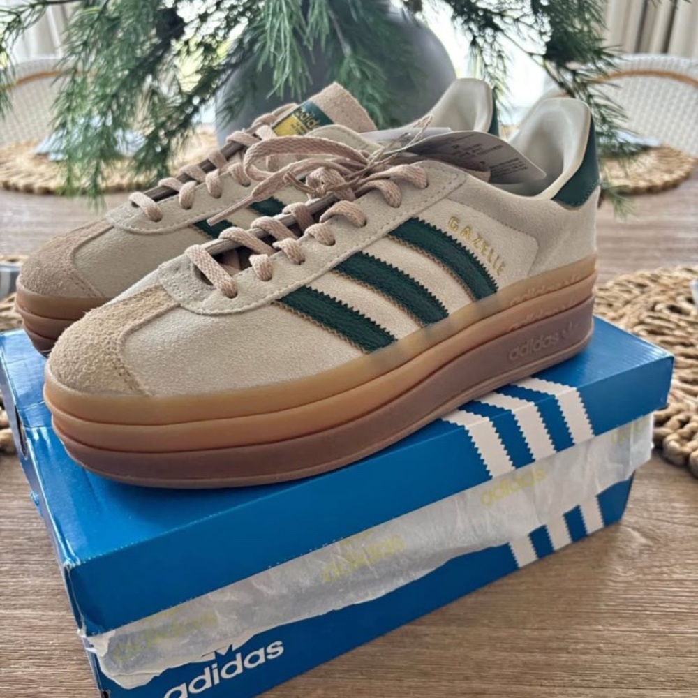 Adidas Gazelle Bold Cream and Green Sneakers with Platform Sole